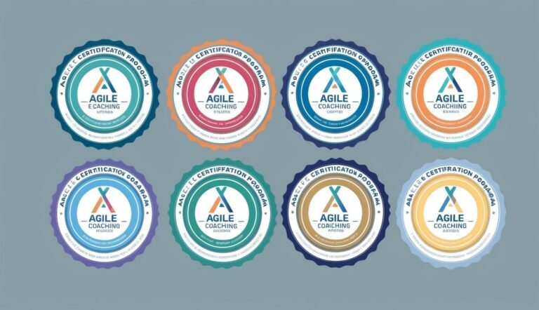 Eight colorful Agile Coaching certification program badges in a row