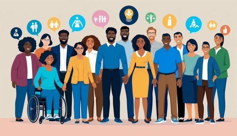 Diverse group of people holding hands, with speech bubbles above their heads