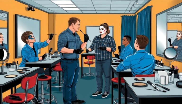 Makeup class with instructor demonstrating techniques to students