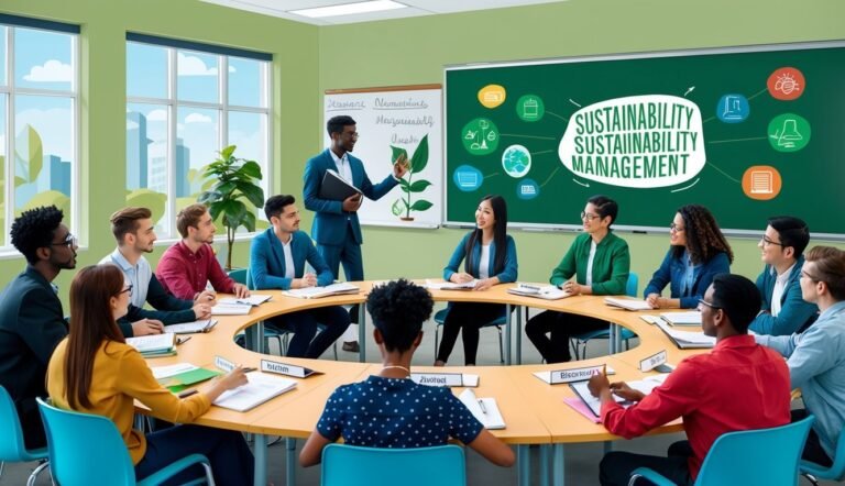 A diverse group of people in a sustainability management meeting