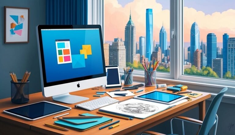 Desk with computer, tablets, and cityscape view through window
