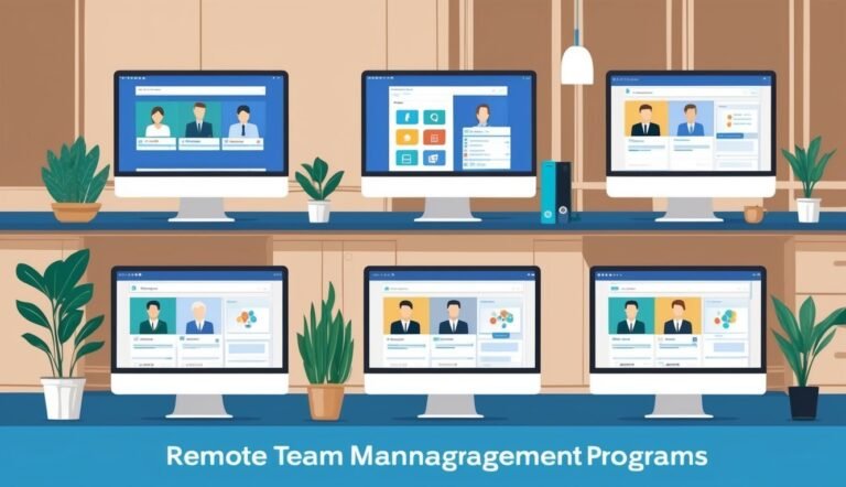 Six computers displaying remote team management programs with plants