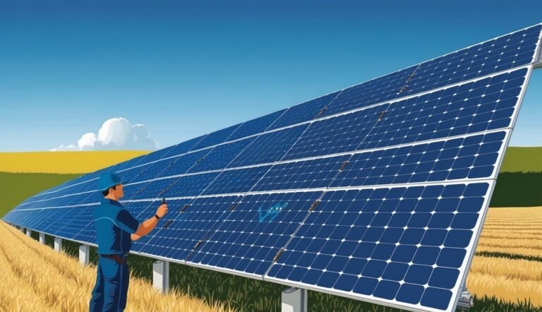 Technician inspecting a large solar panel array in a field on a sunny day