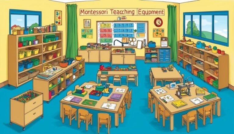 Illustration of a Montessori classroom with tables, shelves, and teaching equipment