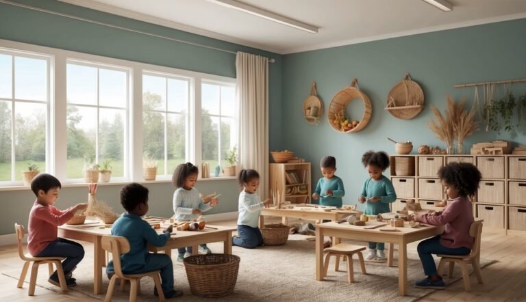 Children playing with wooden toys at tables in a bright classroom