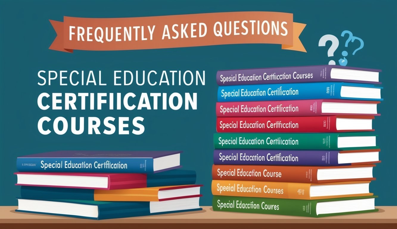 A stack of 7 books on special education certification courses, with a "Frequently Asked Questions" banner above