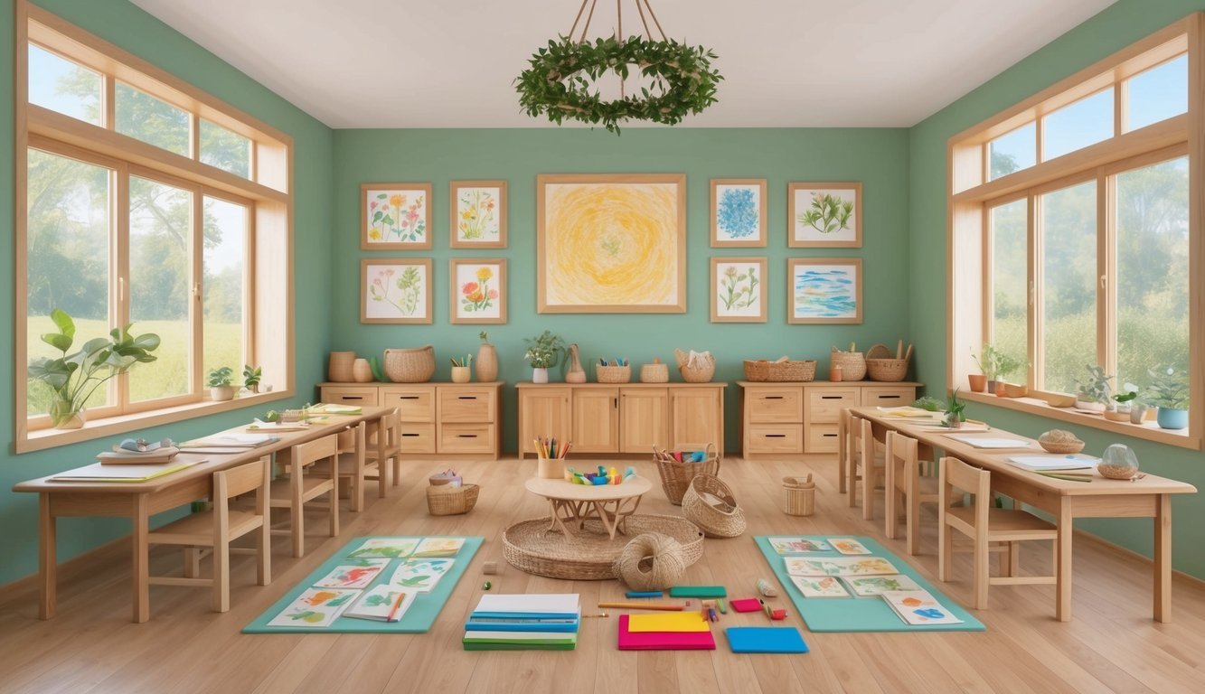 A peaceful classroom with natural materials, colorful artwork, and various learning materials for Waldorf education courses