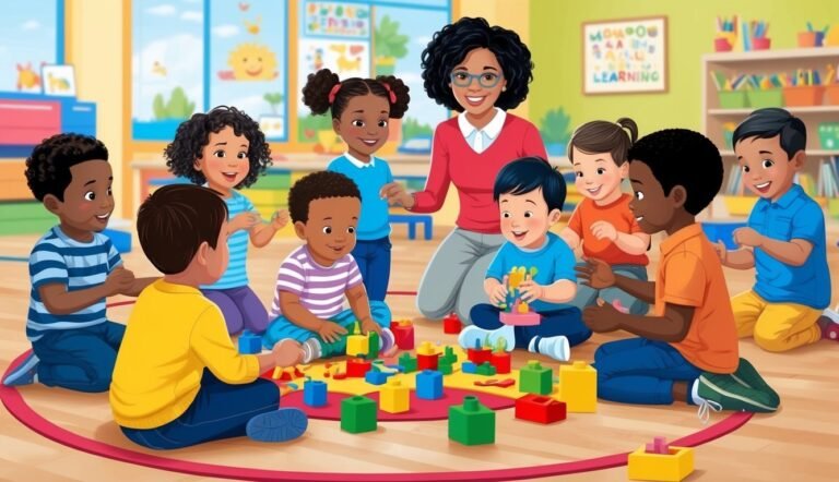 Teacher and children playing with colorful blocks in a classroom setting