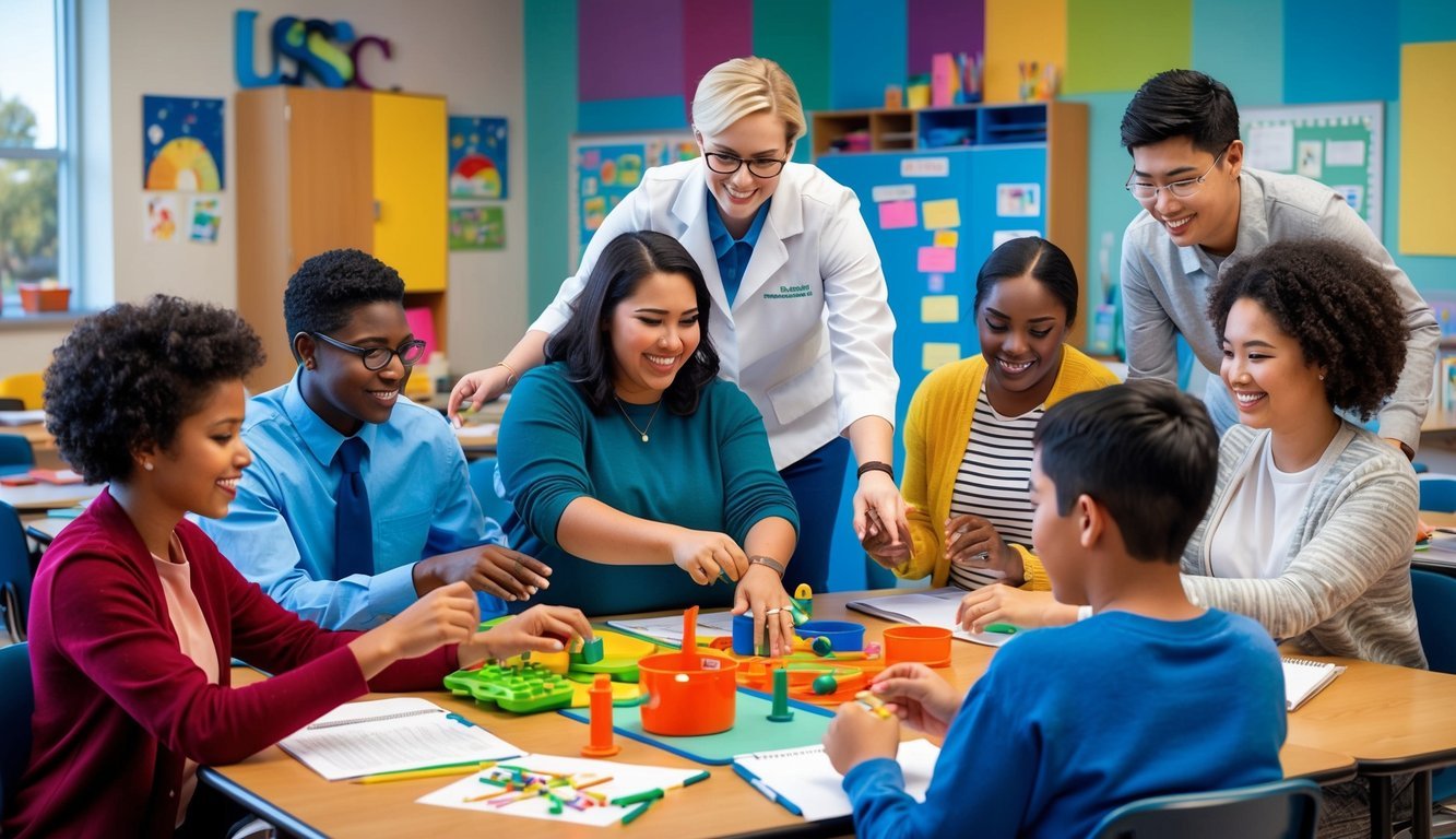 A group of students engaging in hands-on activities, guided by an occupational therapist, in a vibrant and welcoming classroom at USC