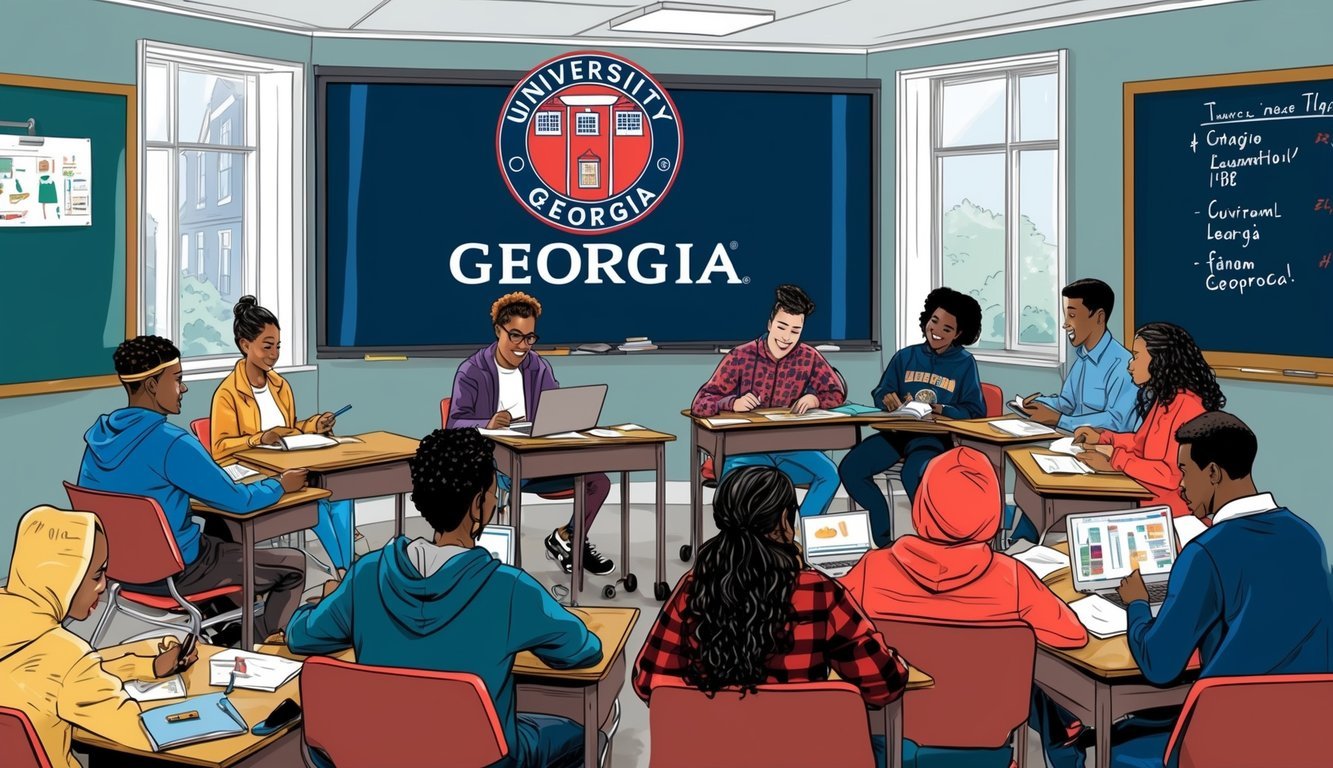 A classroom setting with diverse students engaging in various learning activities, with the University of Georgia logo displayed prominently