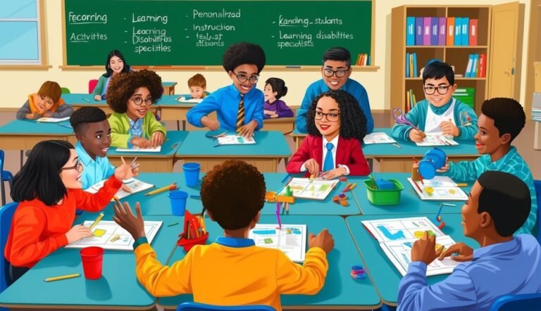 Diverse group of students and teachers in a classroom setting, learning together