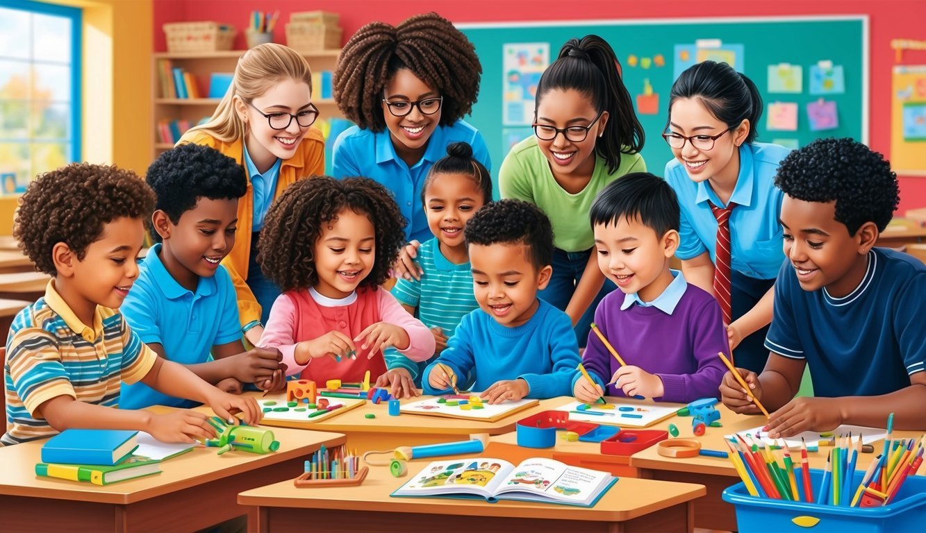 A group of diverse students engage in hands-on activities with children, utilizing various educational tools and resources in a vibrant classroom setting