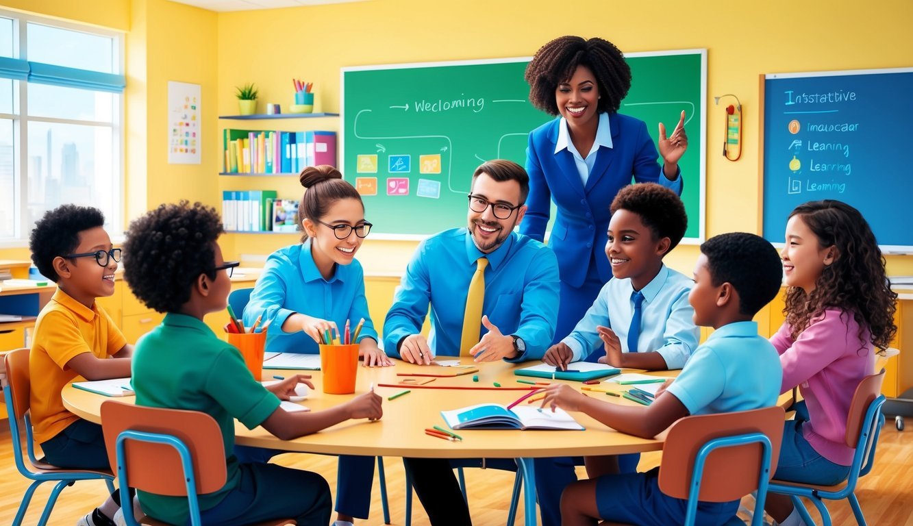 A group of educators and students engage in interactive learning activities in a bright and welcoming classroom setting