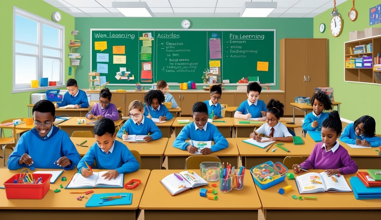 A classroom setting with students engaged in various learning activities, surrounded by educational materials and tools