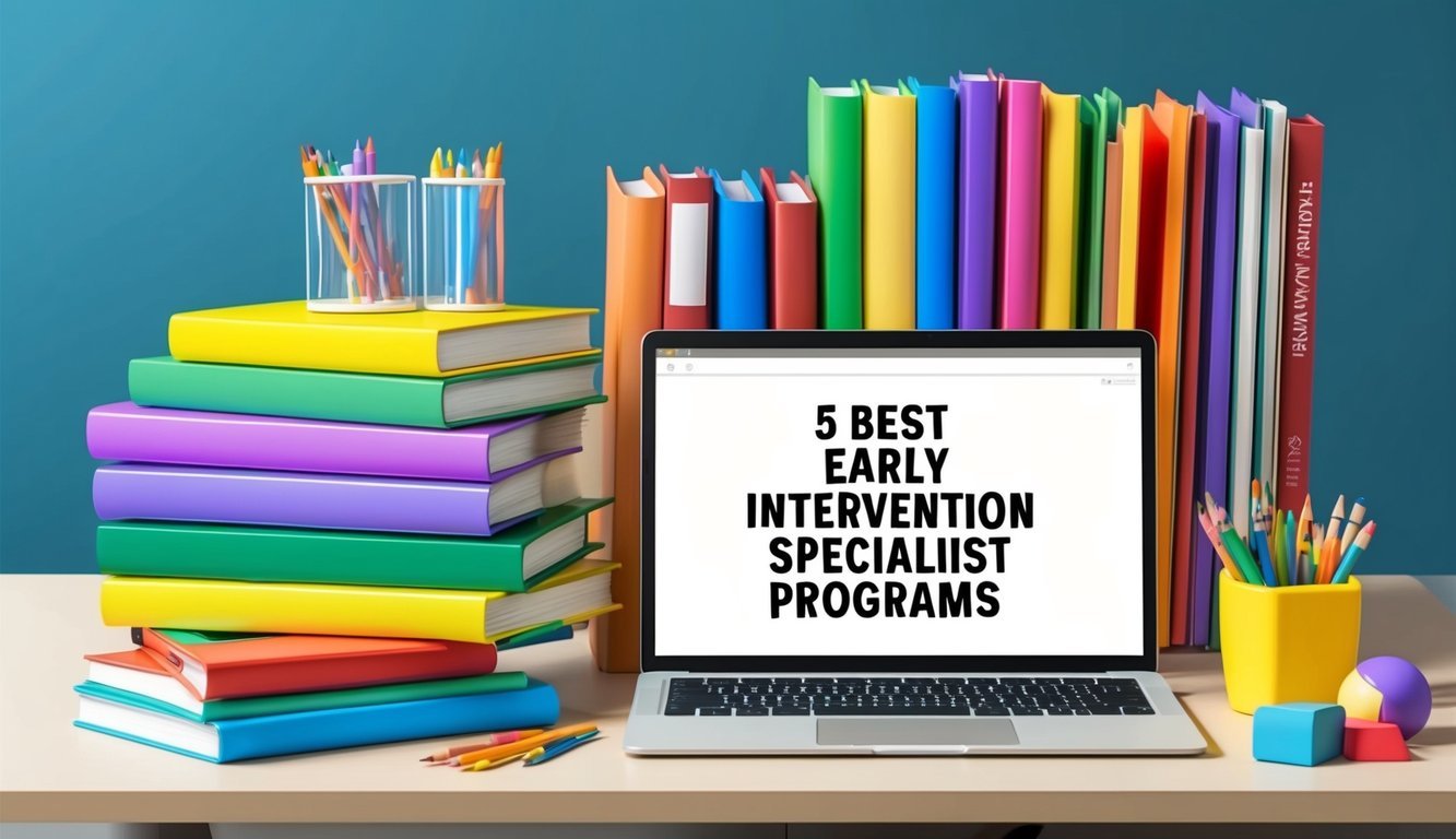 A group of colorful educational books and materials arranged neatly on a desk, with a laptop open to a webpage listing the "5 Best early intervention specialist programs."