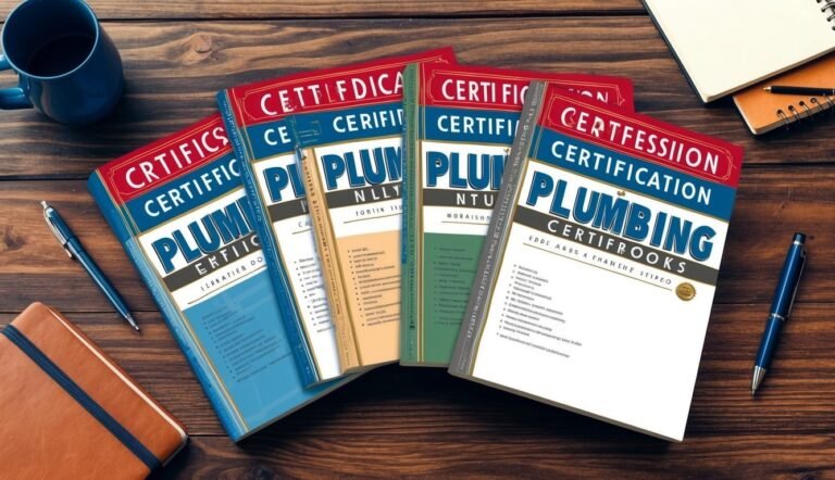 Books on plumbing certification, pens, and a mug on a wooden table