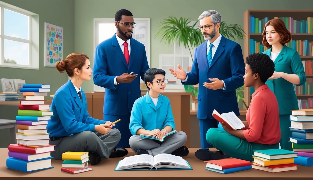 A group of specialists discussing learning disabilities, surrounded by books and educational materials