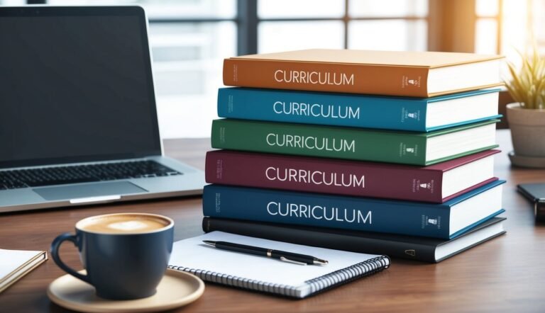 Stack of curriculum books, laptop, coffee, and notepad on a desk