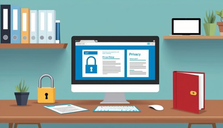 Desk with computer displaying privacy policy, lock, and documents