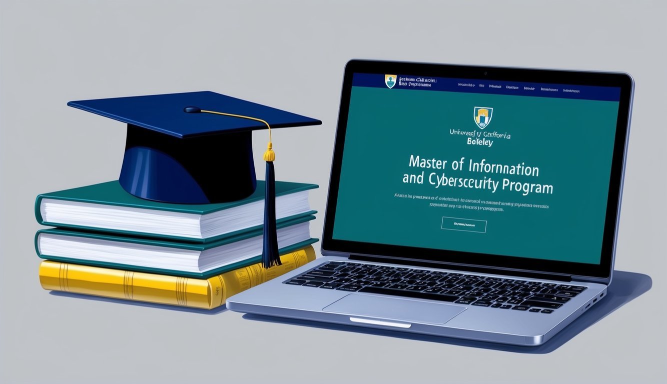 A graduation cap resting on a stack of books, with a laptop displaying the University of California, Berkeley's Master of Information and Cybersecurity program website