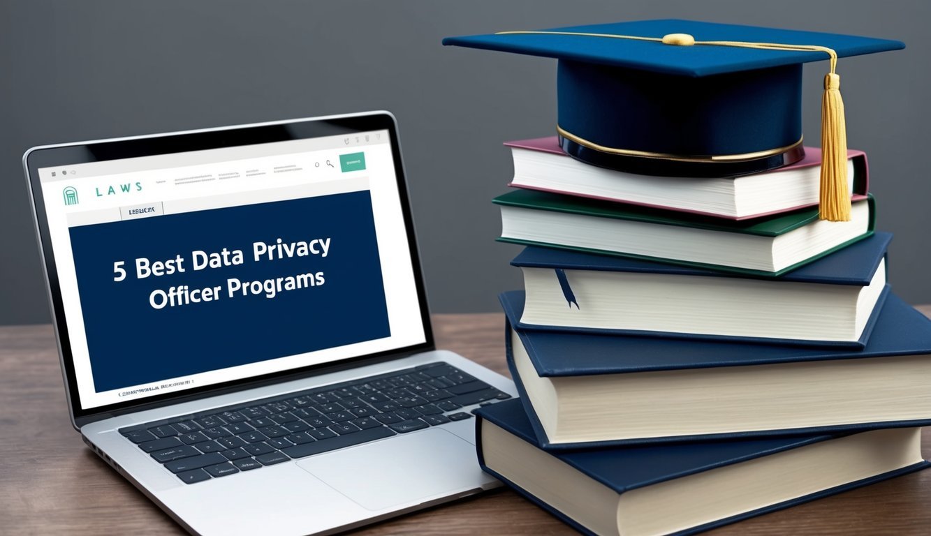 A graduation cap resting on top of a stack of law books, with a laptop open to a webpage listing the "5 Best data privacy officer programs."