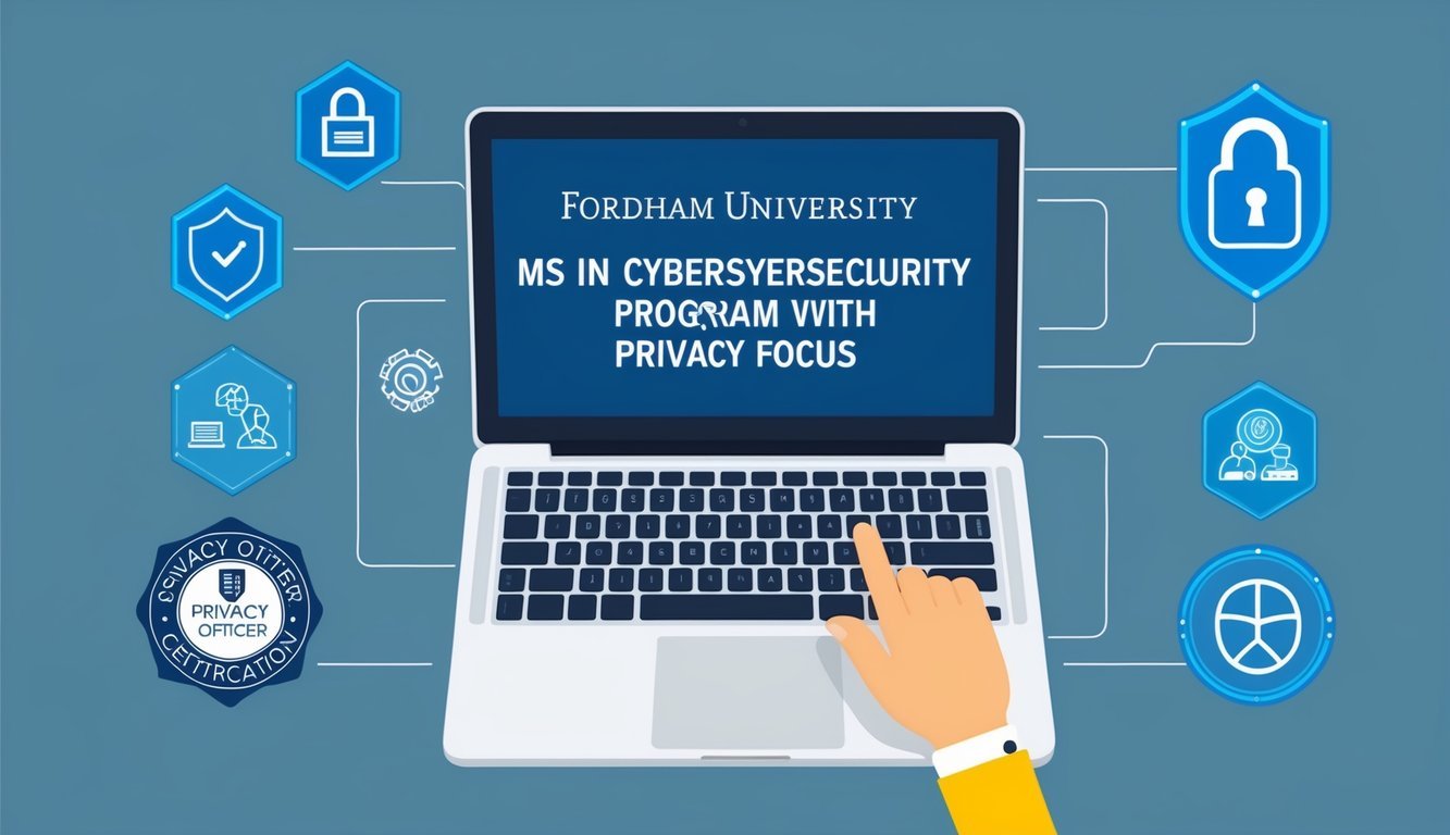 A laptop displaying Fordham University's MS in Cybersecurity program with privacy focus, surrounded by data security icons and a privacy officer certification emblem