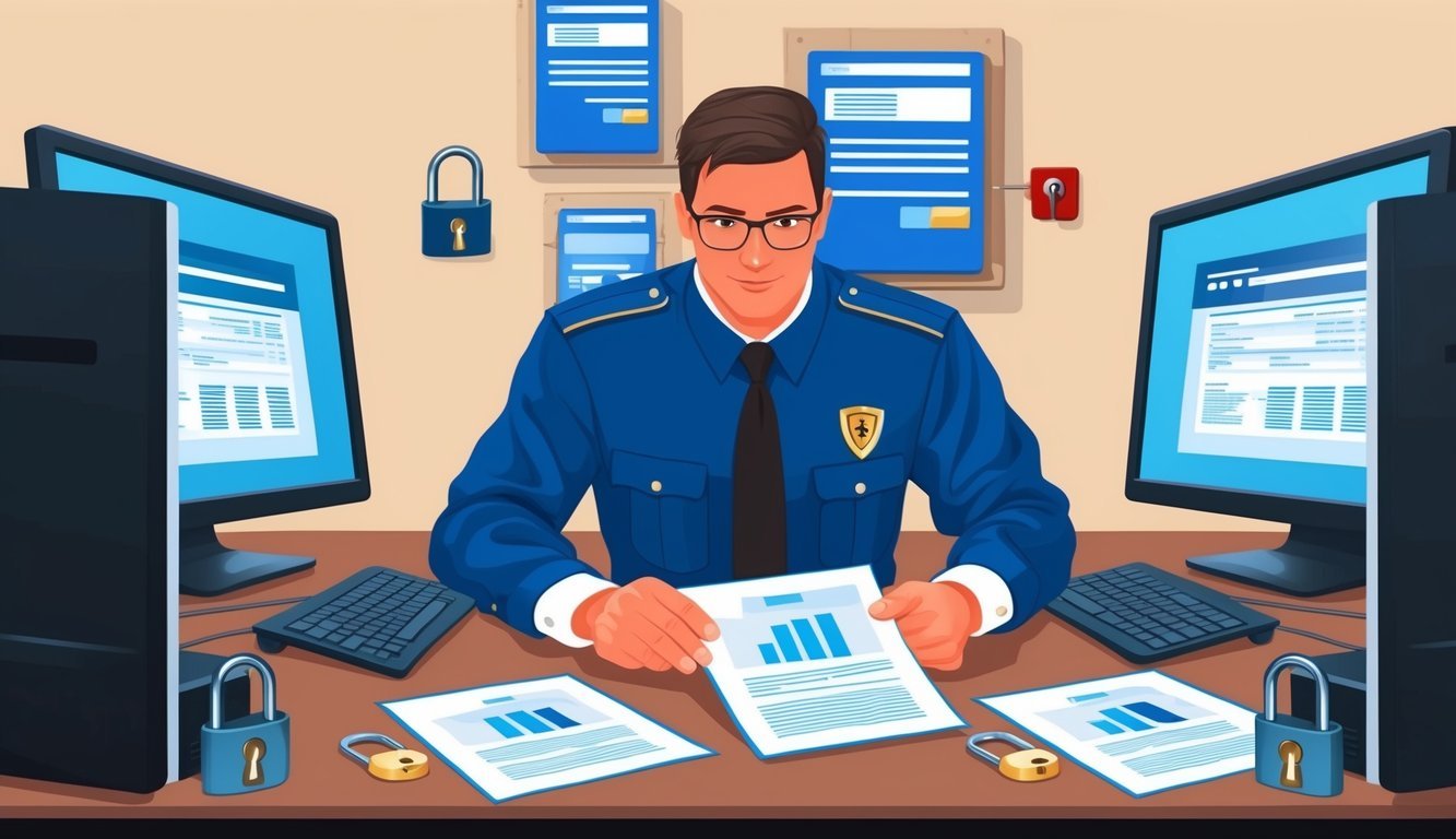 A data privacy officer reviewing documents, surrounded by computer screens and security locks