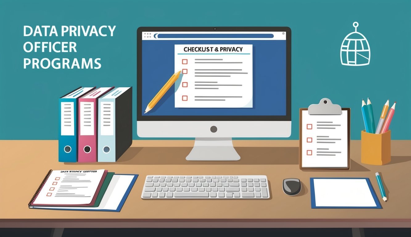 A desk with a computer, files, and a checklist of data privacy officer programs