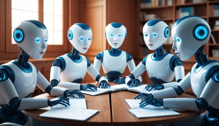 Five robots in a meeting, reviewing documents at a round table