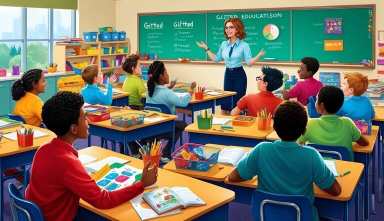 Teacher lecturing students in a classroom with a green chalkboard and desks