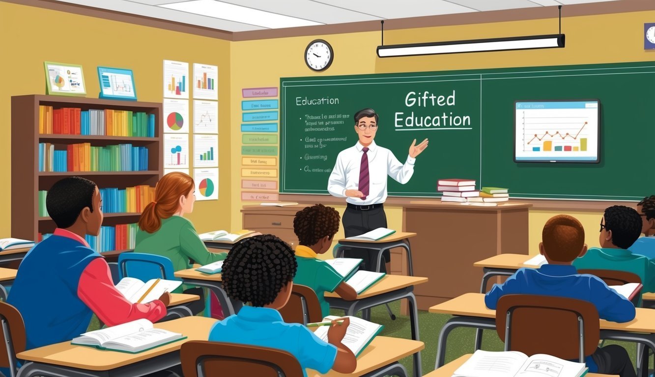 A classroom setting with books, charts, and educational materials.</p><p>A teacher or instructor is leading a discussion or lecture on gifted education