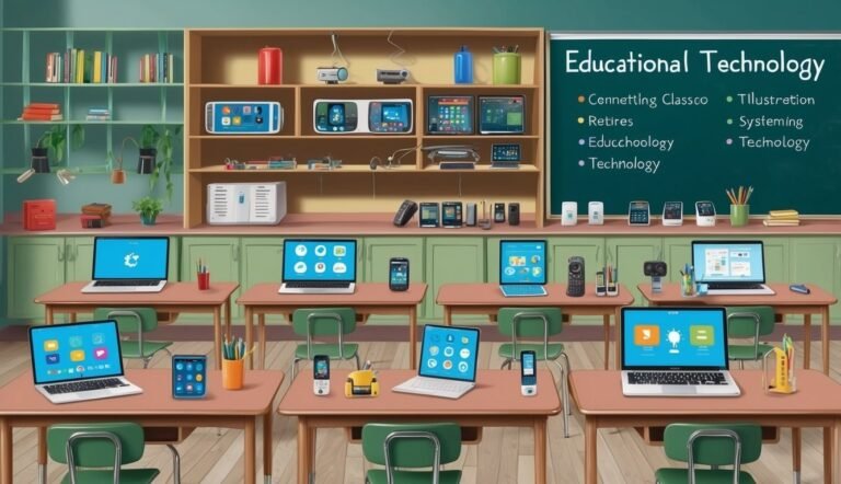 Classroom with laptops, tablets, and old technology, chalkboard with "Educational Technology"