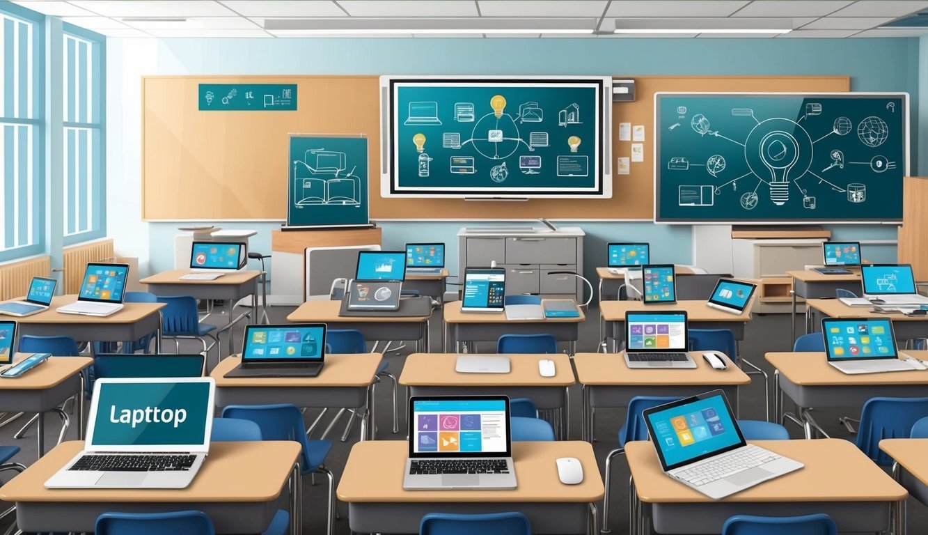 A classroom setting with various educational technology tools and devices, such as laptops, tablets, and interactive whiteboards, arranged in an organized and modern manner