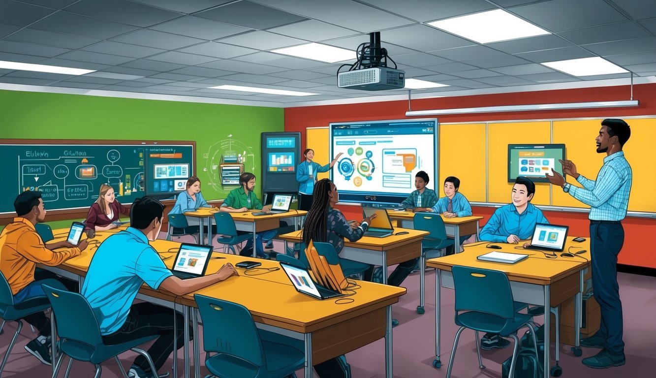 A classroom with interactive technology, students engaged in group activities, and an instructor leading a workshop