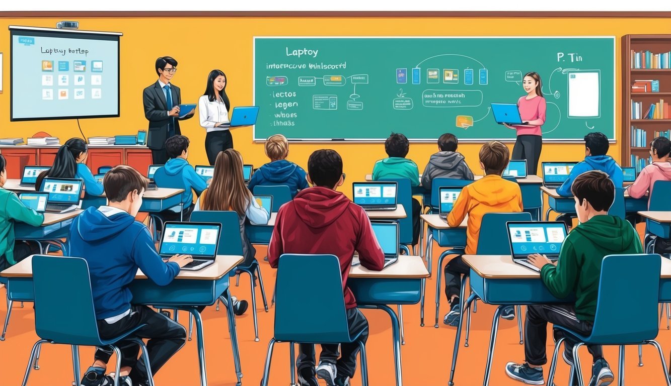 A classroom with students using laptops, tablets, and interactive whiteboards