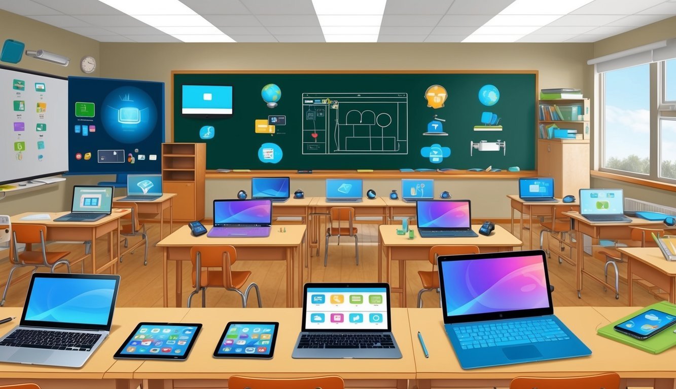 A classroom setting with various educational technology tools and devices, such as tablets, laptops, interactive whiteboards, and virtual reality headsets