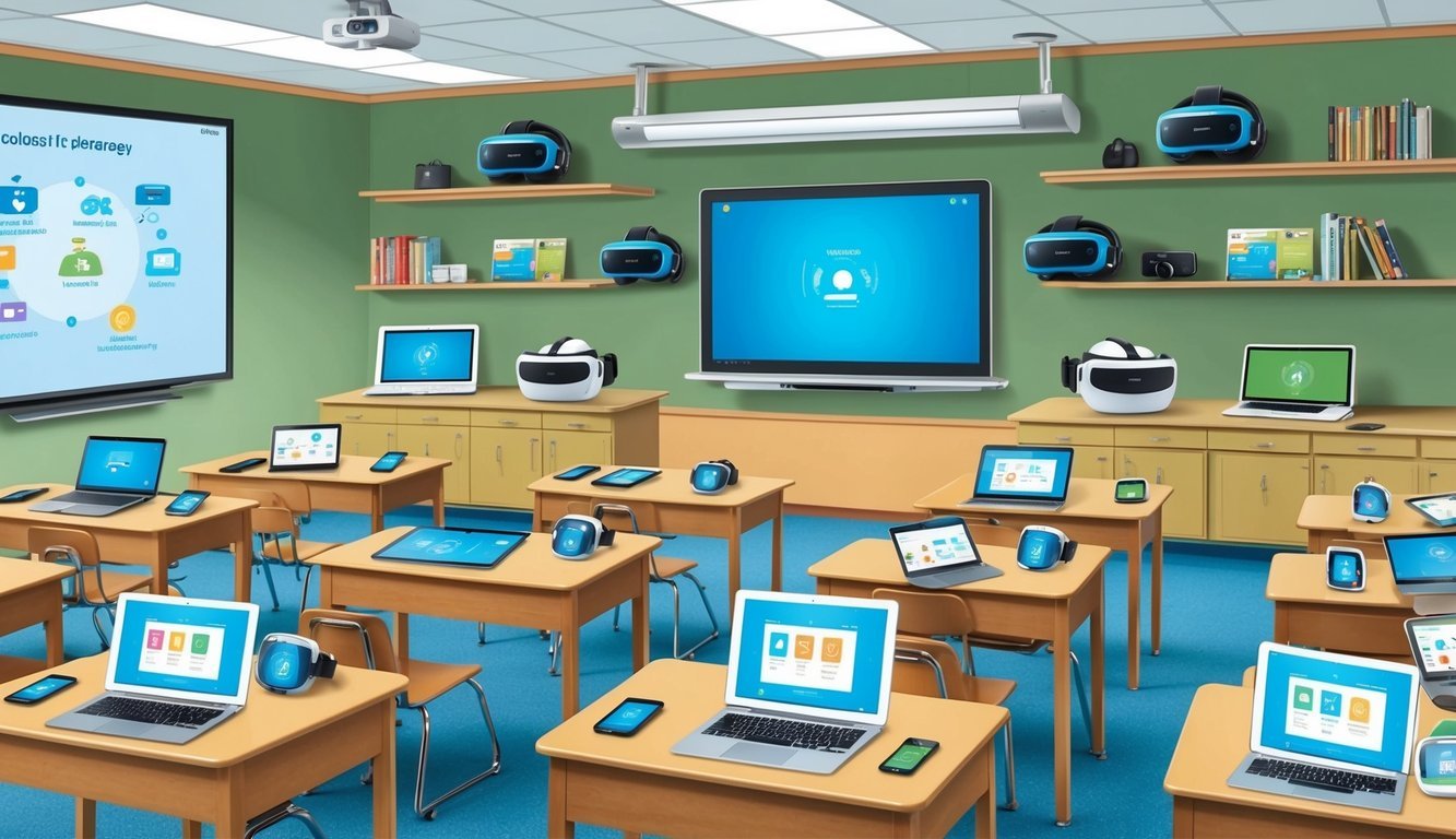 A classroom setting with various educational technology tools such as tablets, laptops, interactive whiteboards, and VR headsets displayed on desks and shelves