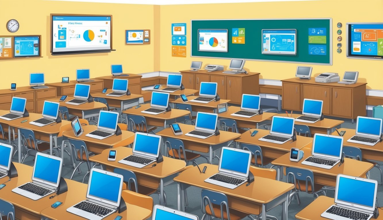 A classroom setting with various educational technology tools and devices, such as computers, tablets, and interactive whiteboards, arranged in an organized and efficient manner