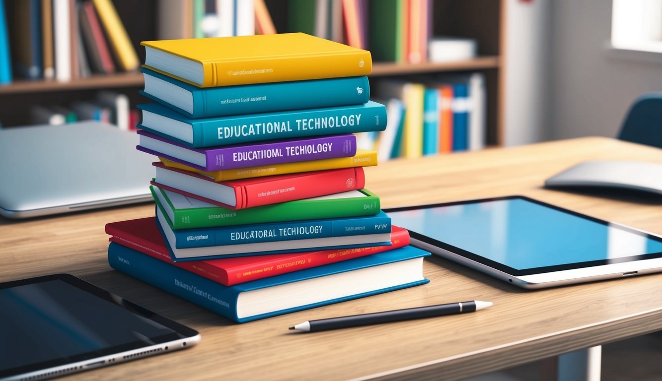 A stack of colorful educational technology books with a laptop and tablet on a desk