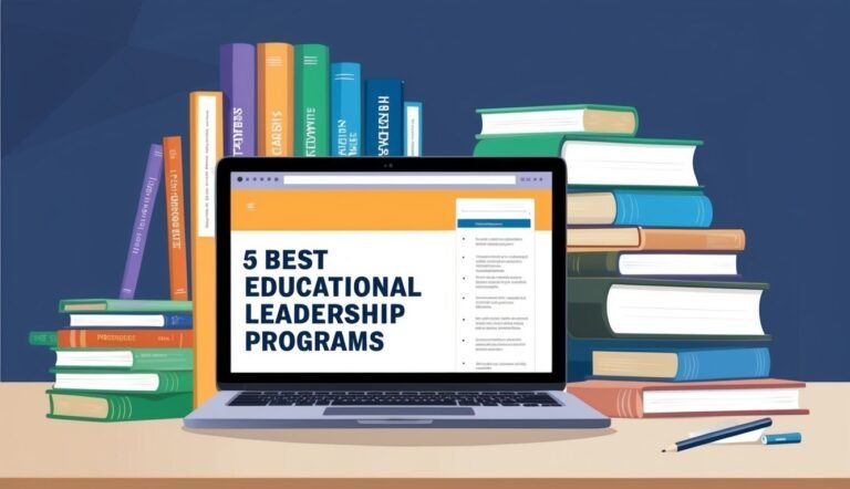 Laptop displaying "5 Best Educational Leadership Programs" with stacks of books