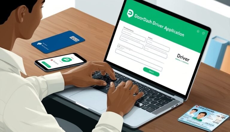 Person applying for DoorDash driver job on laptop, with phone and ID