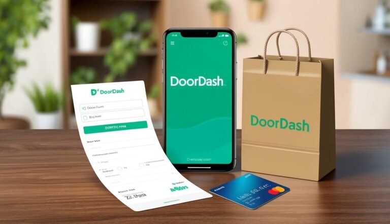 DoorDash app, shopping bag, credit card, and form on a wooden table