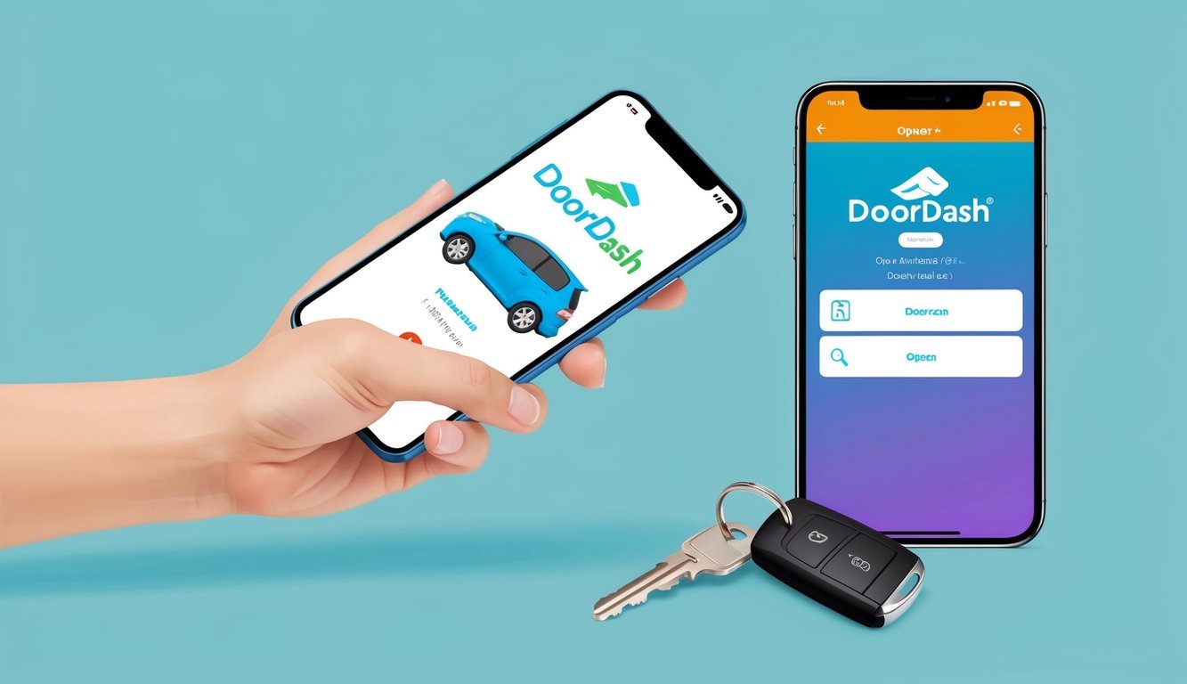 A person's hand reaching out to grab a smartphone with the DoorDash app open, while a car key is placed next to it