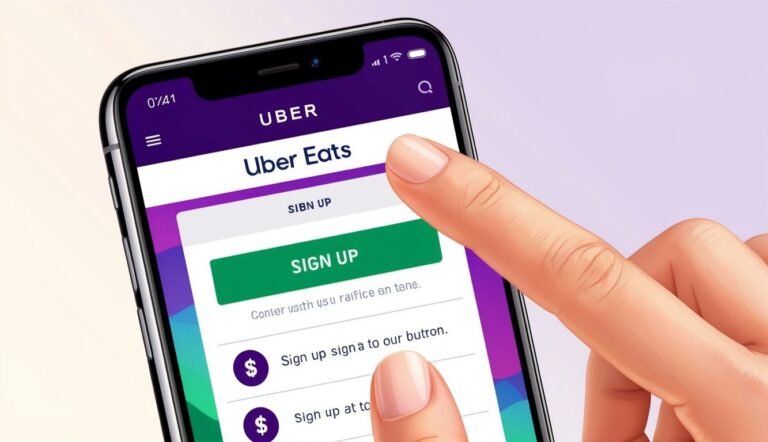 Finger pointing at the "Sign Up" button on the Uber Eats app