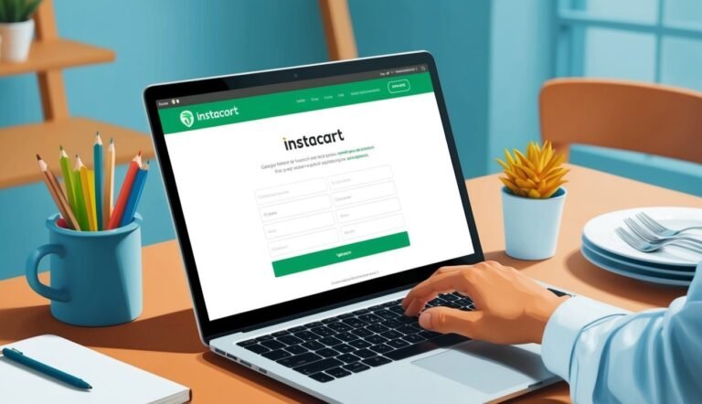 Laptop displaying Instacart login page, with hand typing on keyboard