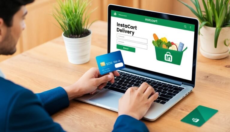 Person using laptop to order groceries on Instacart, holding credit card