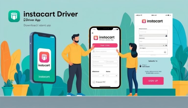 Instacart driver app interface on phones, with people pointing at the screens