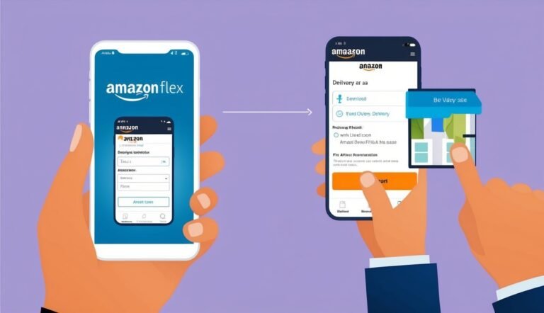Two smartphones with Amazon Flex and Amazon delivery app interfaces
