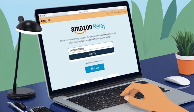 Laptop displaying Amazon Relay sign-up page, with hand typing on the keyboard