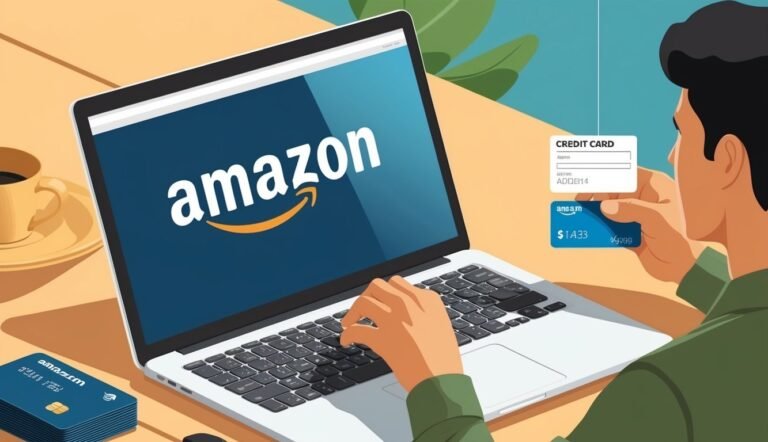 Person shopping on Amazon, using a laptop and credit card for payment